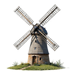 Rustic wooden windmill with large blades isolated on transparent background