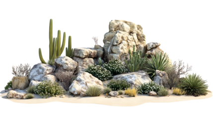 Desert rock formation with cacti and succulents isolated on transparent background