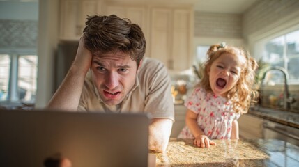 Frustrated father struggling with online work while his cheerful daughter enjoys a moment of joy in the kitchen, highlighting family dynamics and modern challenges of parenting.