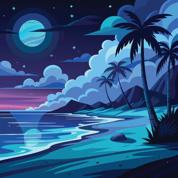 Serene night beach scene with glowing moonlight reflecting on calm ocean waters and sandy shore
