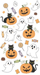 Spooky Halloween illustration featuring cute ghosts, black cats, and jack-o'-lanterns with candy, perfect for seasonal decorations and designs