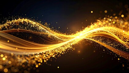 Golden particles form flowing waves against dark background, creating shimmering effect