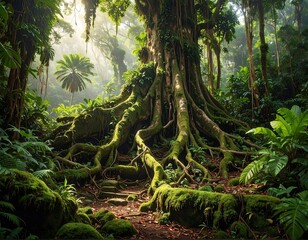 Lush rainforest scene featuring a large tree with exposed roots covered in moss.