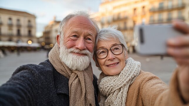 Elderly couple taking a cheerful selfie in a historic European city square, capturing their warm connection and joy of travel during golden hour light