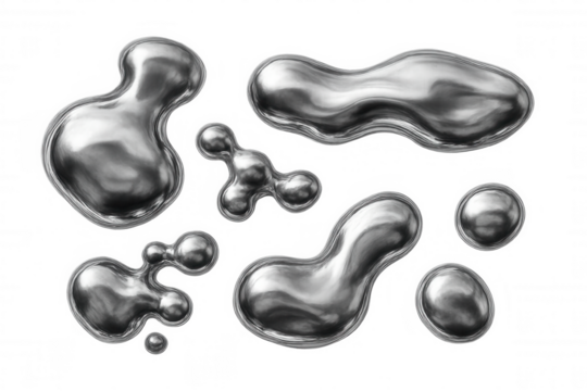 Abstract liquid metal drops and flowing mercury shapes on transparent background, reflecting light with shiny chrome surface