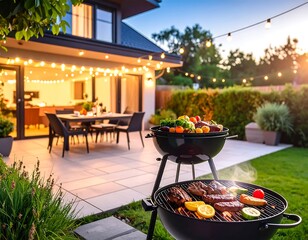 Evening outdoor scene with grilling food, patio set, and string lights