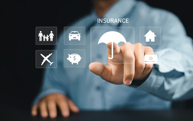Online insurance concept. Person touching online insurance icon on virtual screen for car, family and life, financial and health insurance.