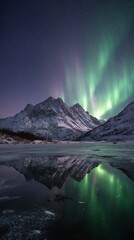 Naklejka premium Majestic northern lights dancing above snow-capped mountains, casting ethereal green and purple reflections on a tranquil frozen lake surface in a breathtaking Arctic winter landscape