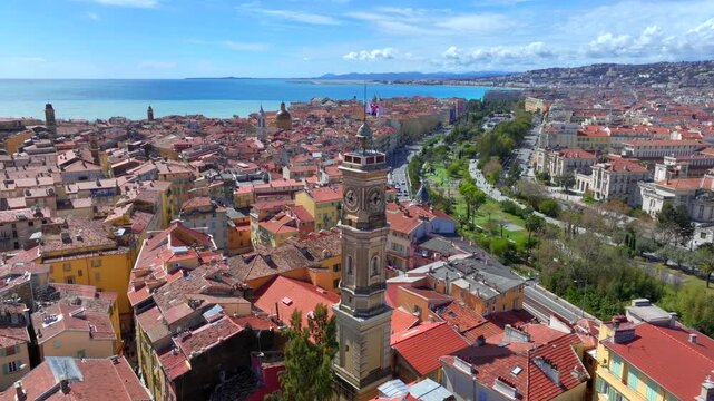 Aerial view of Nice, the capital of the Alpes-Maritimes on the French Riviera, Cote D AZur. Old Town, English Promenade.