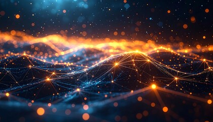 Abstract futuristic network landscape with glowing nodes and connections against a gradient blue background