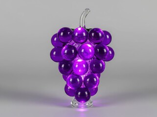 Elegant glass grape cluster glowing in polished purple tones with delicate reflective spheres connected by clear stem against bright minimal simple background surface