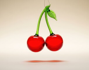 Smooth glossy pair of glass cherries glowing in radiant light reflections placed softly against pale simple background