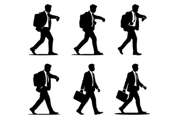 Fototapeta premium Six silhouette businessmen walk with bags, briefcases, and check their watches against a transparent backdrop