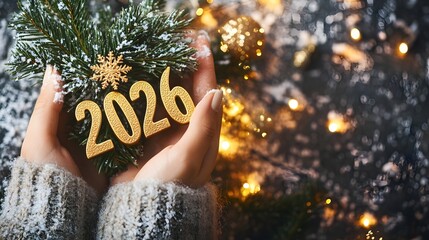 hands with pine and shiny ornaments holding 2026 numbers glowing under warm christmas bokeh lights