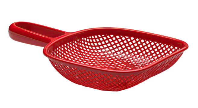 Red plastic colander with a handle