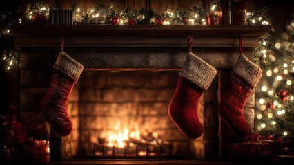warm fireplace decorated with christmas stockings glowing light and cozy holiday atmosphere