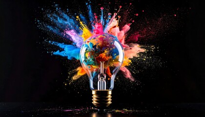Lightbulb filled with vibrant explosion of colorful powder against a dark backdrop, suggesting innovation and creativity