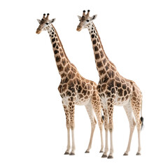 Naklejka premium Two giraffes with distinctive patterns standing against a plain white background, showcasing their long necks and unique spots.