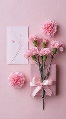 Obraz premium Delicate pink carnations elegantly arranged with a gift box, soft ribbon, and minimalist card create a romantic, feminine composition against a blush background