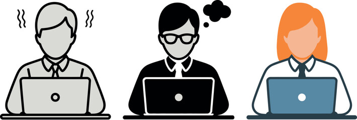 Three professionals working on laptops representing stress brainstorming and focused work illustration