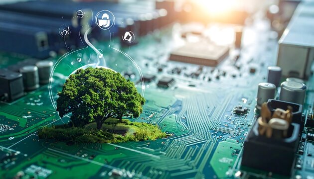 Tree growing on a circuit board, with digital icons floating above. Green technology, sustainability concept
