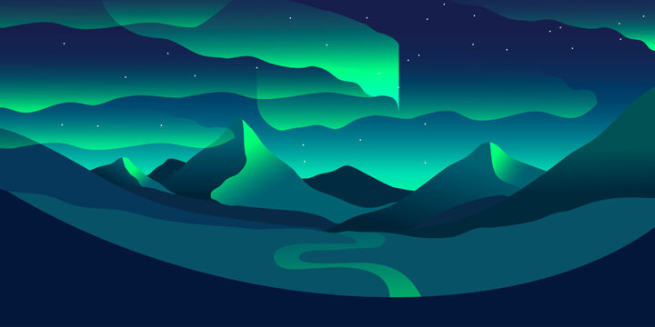 Beautiful nature Aurora borealis phenomenon flat color vector illustration. Northern lights in sky and snowy mountain cartoon night winter landscape with  starry sky on gradient blue green background 