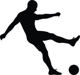 Soccer player kicking ball, sports silhouette, athletic motion, football action pose, black vector graphic, isolated design, flat minimalist illustration
