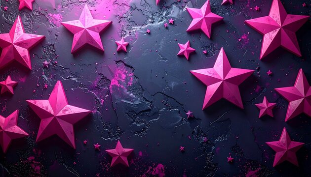 Pink stars of various sizes on a dark textured surface, some pink splatter