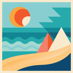Minimalist geometric beach scene with stylized triangle waves and clean lines