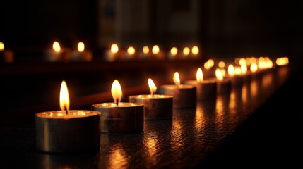 A Serene Display of Lit Candles Casting Warm Glows in a Dimly Lit Space, Creating an Atmosphere of Reflection and Peacefulness