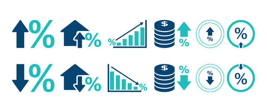 Flat vector icons showing rising and falling interest rates, financial growth, savings, and investment trends.