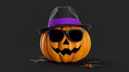 Fototapeta premium Cool Halloween pumpkin with sunglasses and hat on dark background 