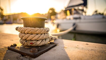 Thick rope coiled around a metal cleat on a dock, with sailboats blurred in background during golden hour