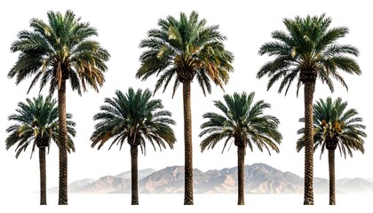 Several palm trees stand against soft mountain backdrop, on clear white background. Perfect for design elements