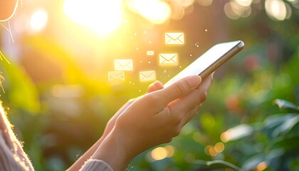 Woman holds phone, glowing email icons float above, backlit by bright sun. Nature blurs behind hands