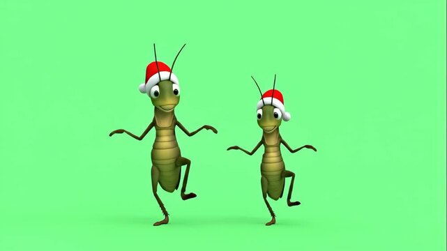 Christmas Crickets Dancing - Two cartoon crickets are dancing in festive Santa hats against a green background. The crickets have a friendly, jovial look and a playful posture.