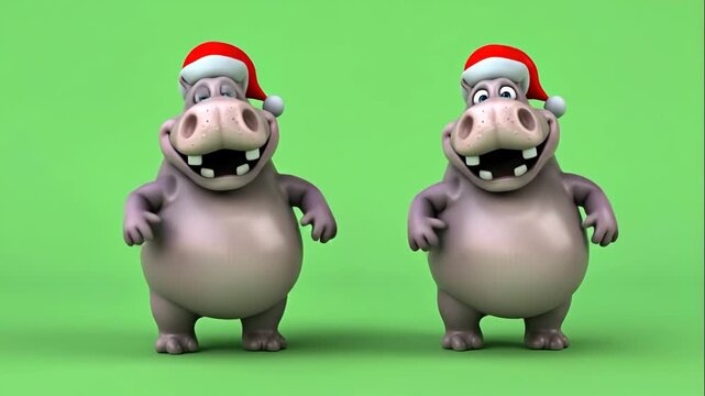 Cartoon Hippos Wearing Santa Hats - Two cartoon hippos are featured, both wearing Santa hats. One is raising its index finger, as if making a point, while the other simply stands with its arms at its