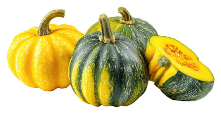 Three small pumpkins, two whole and one sliced, in various shades of yellow and green