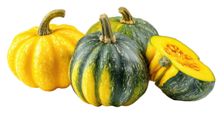 Three small pumpkins, two whole and one sliced, in various shades of yellow and green