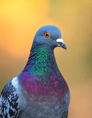 A close-up view of a colorful pigeon with iridescent feathers