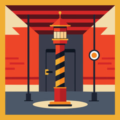 Fototapeta premium Illustration of a firefighter sliding down a pole inside a fire station interior