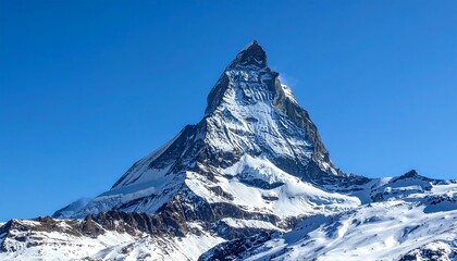 Snowy peak against a clear blue sky, a majestic mountain range, partially covered in snow and ice on a bright day