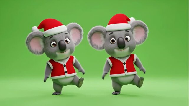 Festive Koala Animation - Two cartoon koalas dressed in Santa hats and Christmas vests are dancing on a bright green background. The animated characters are smiling and have their arms outstretched.