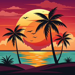 Serene tropical beach sunset silhouette with coconut trees and vibrant sky