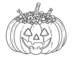 A spooky outline drawing of a Halloween jack-o'-lantern overflowing with candy