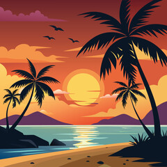 Serene tropical beach sunset silhouette with coconut palm trees and ocean waves