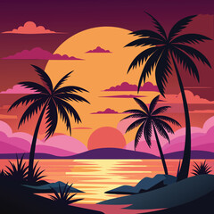 Serene tropical beach sunset with silhouetted coconut trees and vibrant sky