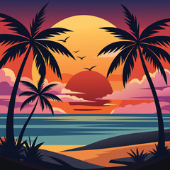 Fototapeta premium Vibrant tropical beach sunset with silhouetted coconut trees and calm ocean waves