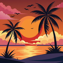 Vibrant tropical beach sunset with silhouetted coconut trees and calm ocean waves