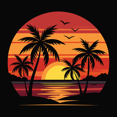 Serene tropical beach sunset with silhouetted coconut trees and vibrant sky